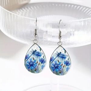 Unique Handmade Glass Dragonfly Floral Teardrop Dangle Earrings Fashion Jewelry